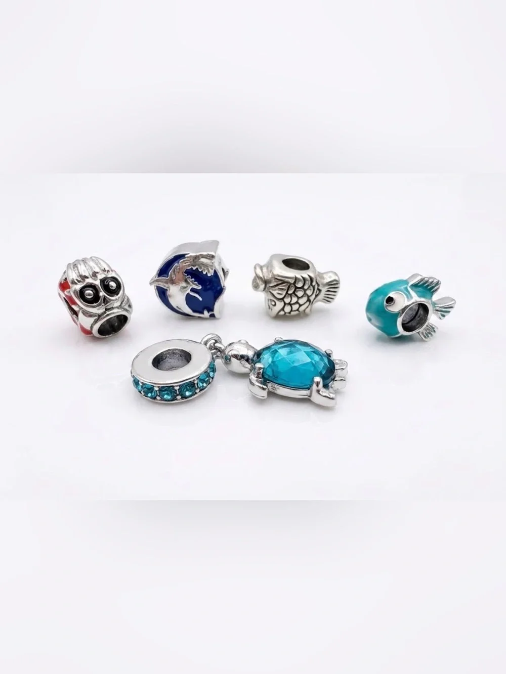 5 Silver Sea-Life Pandora Style Charms with Dangling Turtle